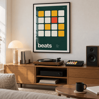 Sixteen drum pads on deep green print in a mid century living room