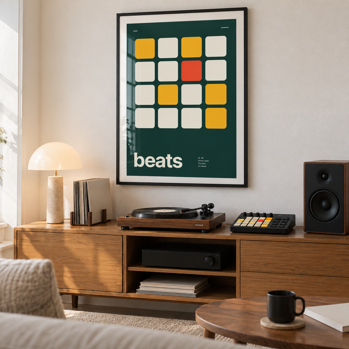 Sixteen drum pads on deep green print in a mid century living room