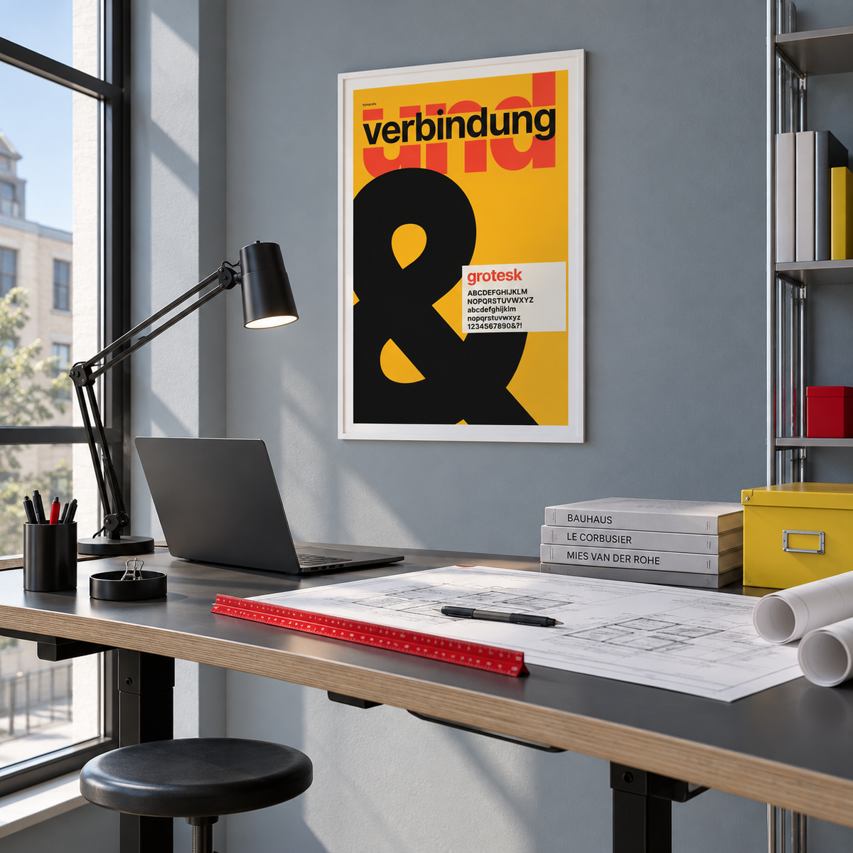 Ampersand on mustard yellow print in a home office against a charcoal wall