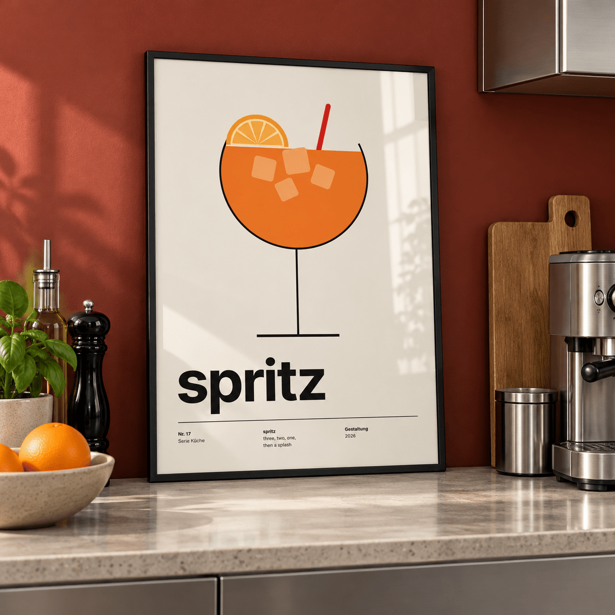 Spritz with ice and orange wheel print above a sideboard in a rust kitchen
