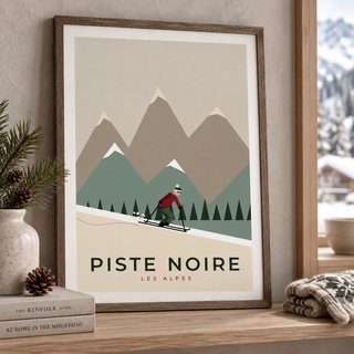 Close view of the vintage style skier print with festive styling