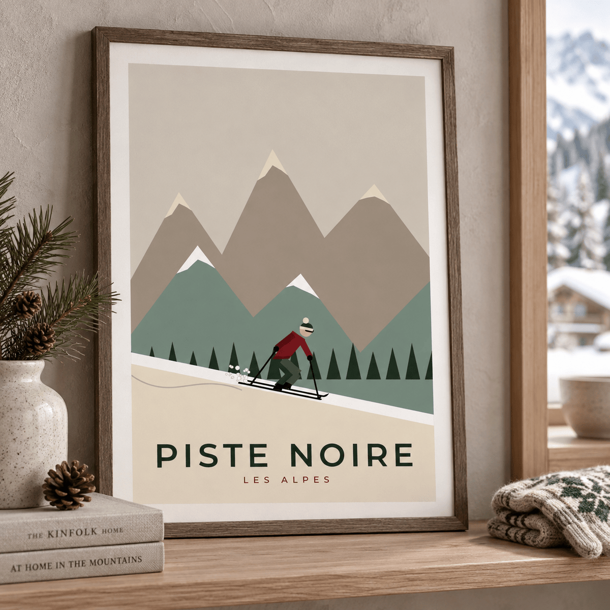 Close view of the vintage style skier print with festive styling