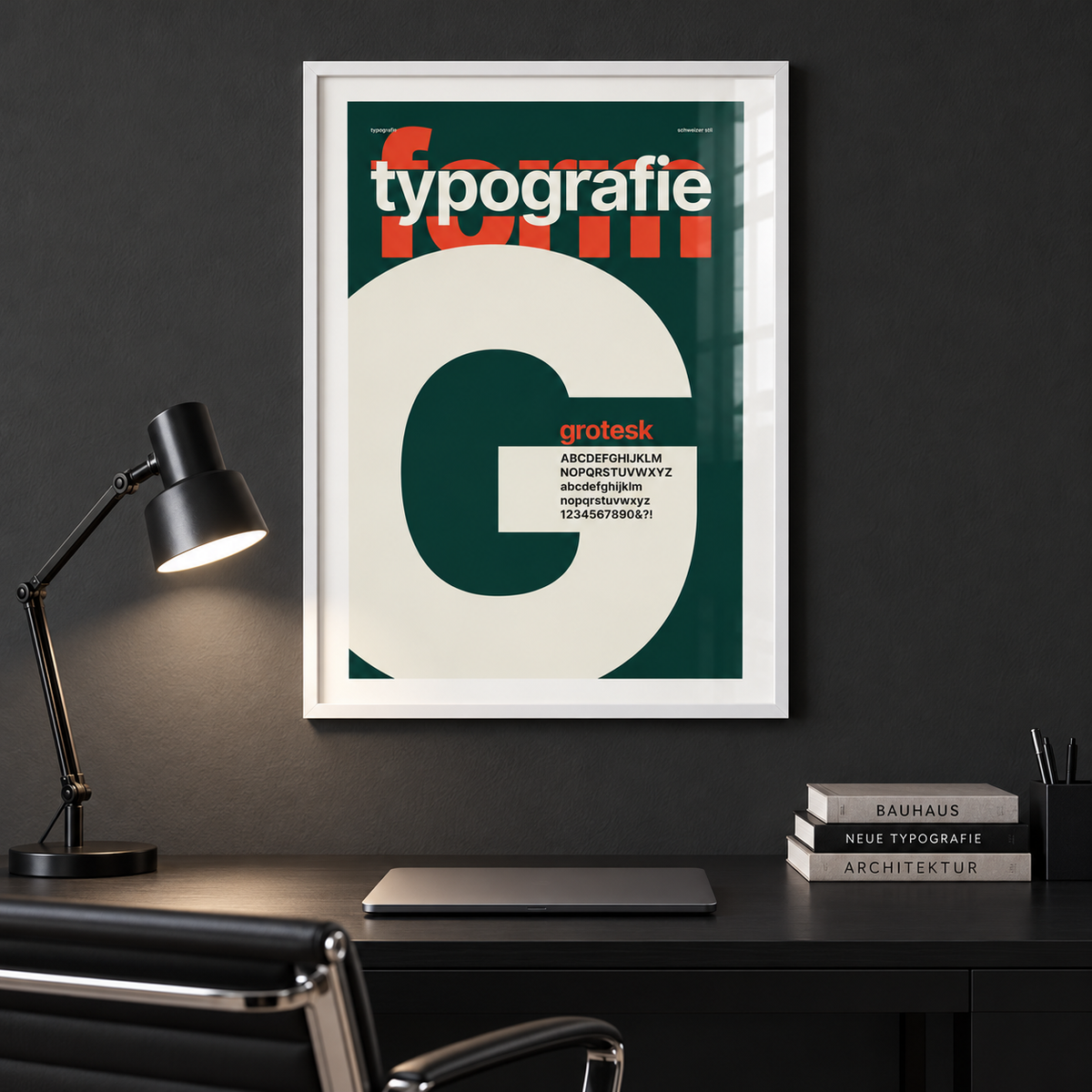 Cream letter G on forest green print in a home office against a charcoal wall