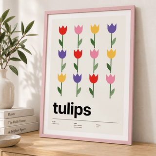 Close view of the rows of colourful tulips showing the fine print detail