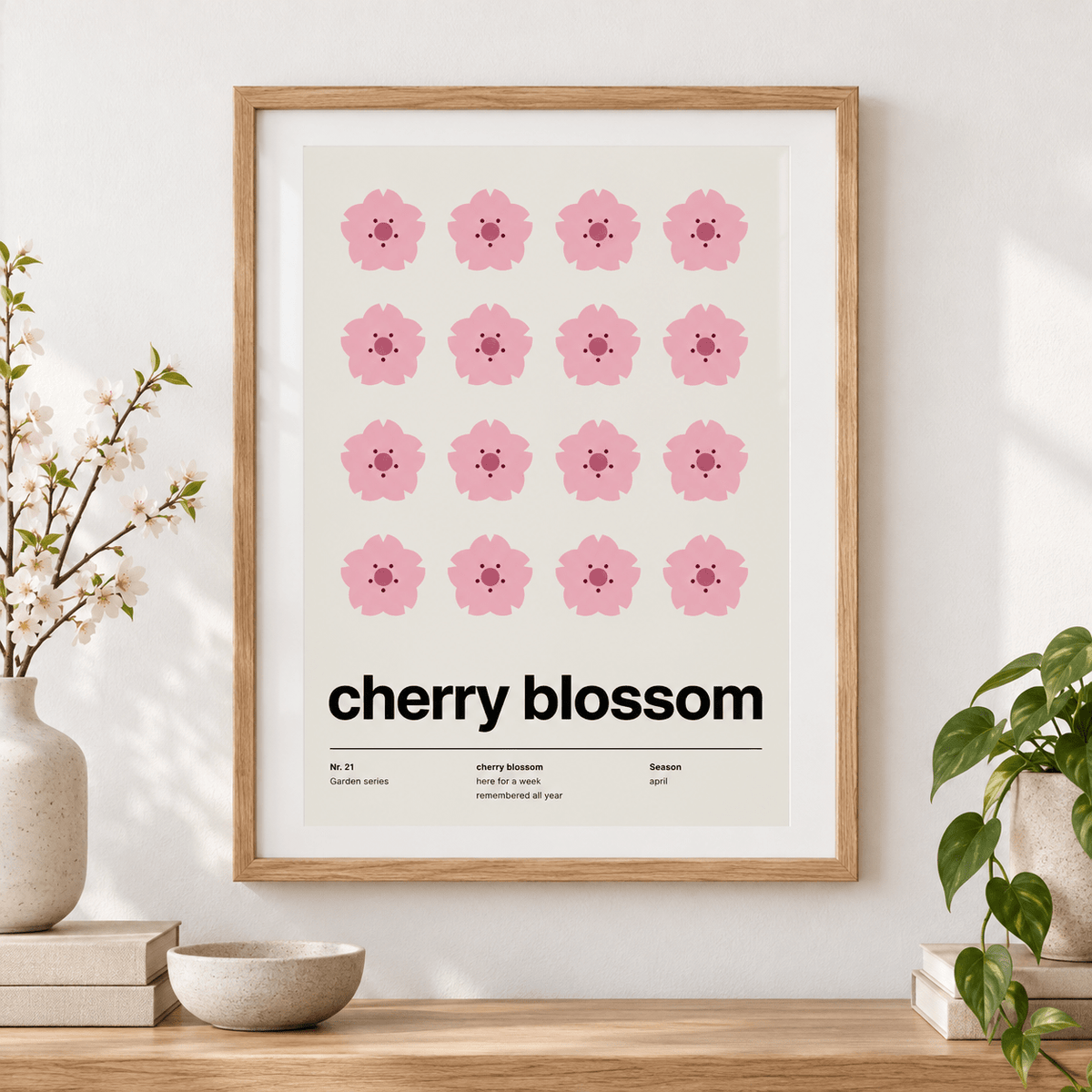 Close view of the sixteen pink cherry blossoms in a grid showing the fine print detail