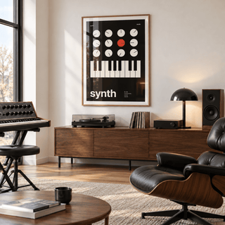 Black synth with one red knob print in a mid century living room