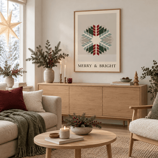 Red and green patchwork snowflake print in a scandi living room at Christmas