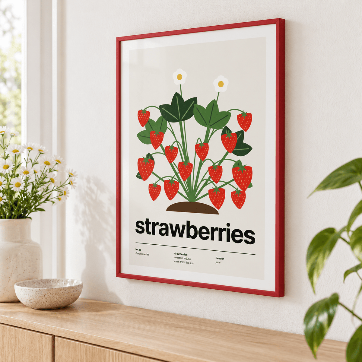 Close view of the strawberry plant heavy with red berries showing the fine print detail