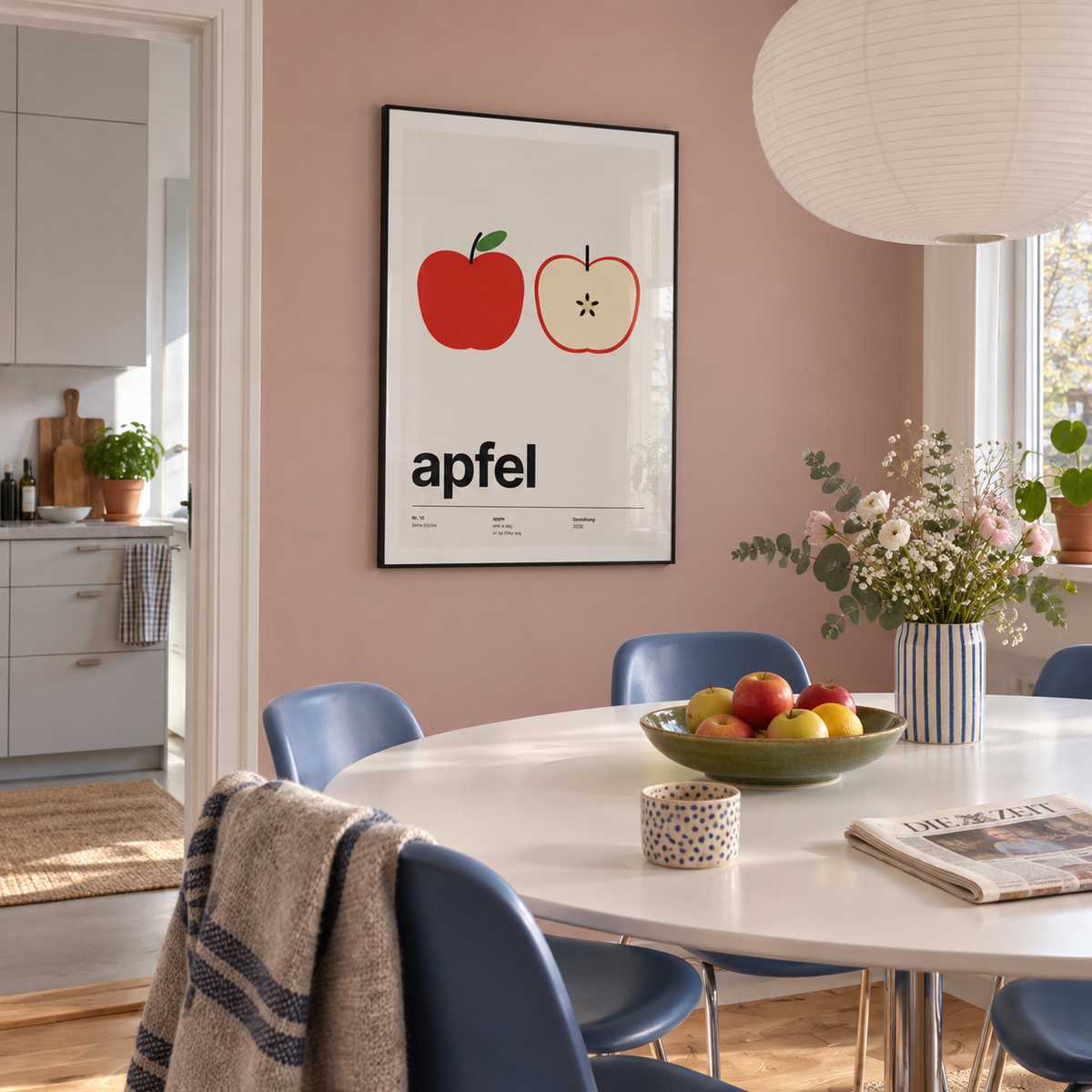 Red apple with core print in a family dining against a pink wall