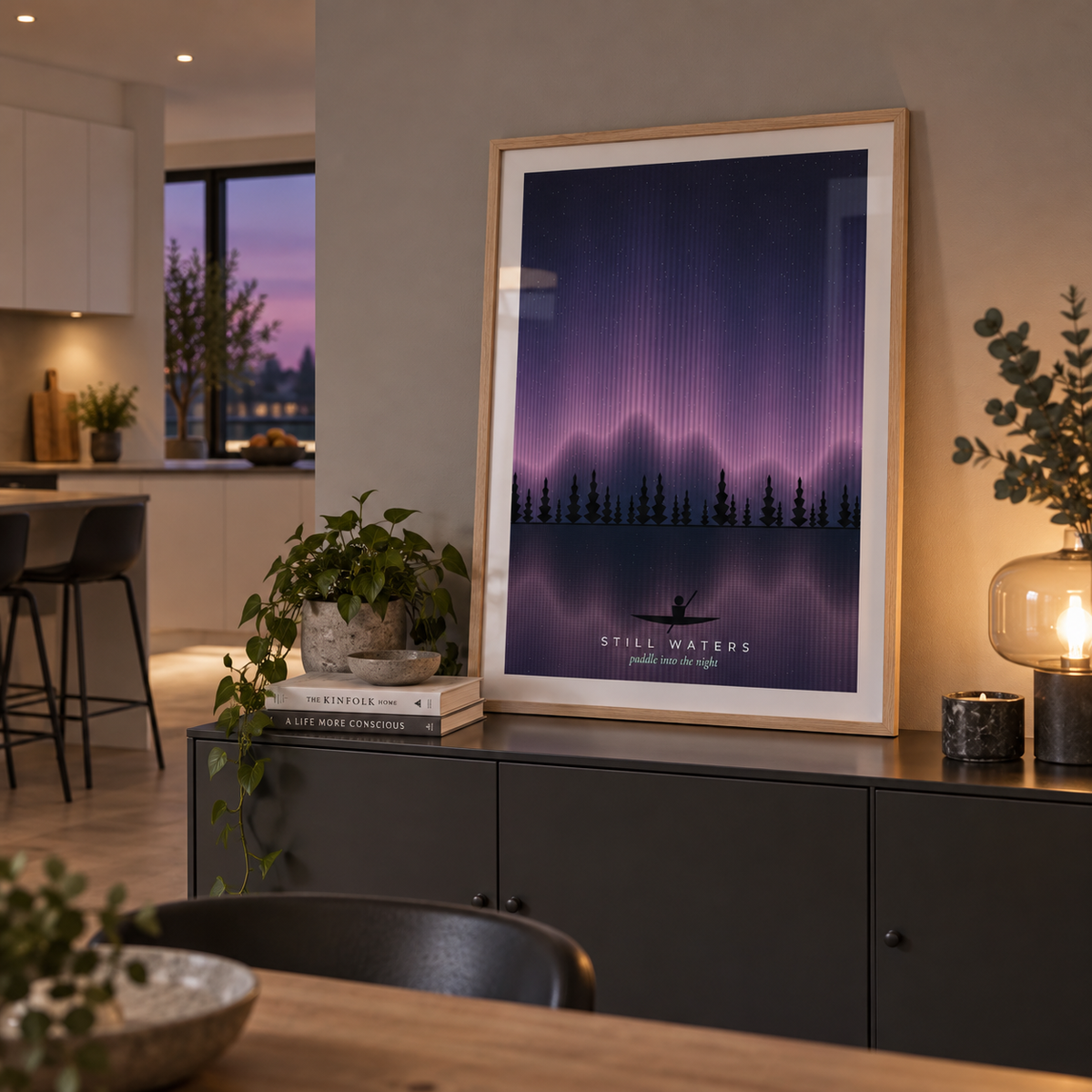 Purple northern lights forest lake print in a kitchen social space