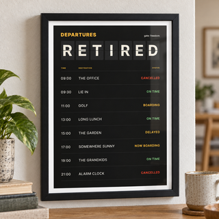 Close view of the black split flap board print showing the fine print detail