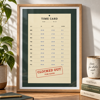 Close view of the vintage time card retirement print showing the fine print detail