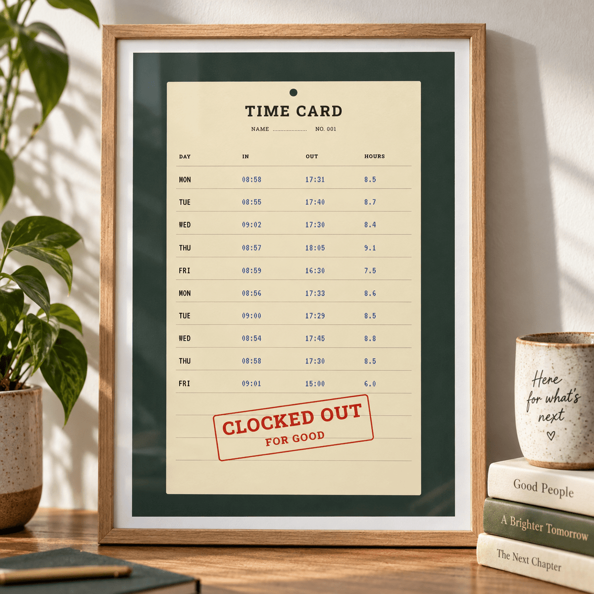 Close view of the vintage time card retirement print showing the fine print detail
