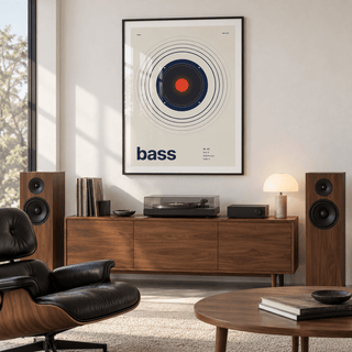 Navy speaker driver with red cap print in a mid century living room