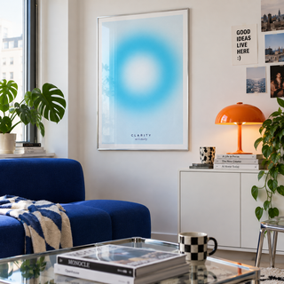 Bright aqua ring gradient print in a creative apartment lounge