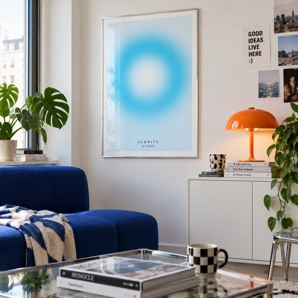 Bright aqua ring gradient print in a creative apartment lounge