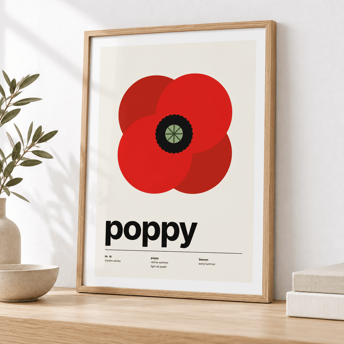 Close view of the single summer poppy from above showing the fine print detail