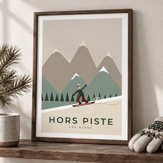 Close view of the alpine snowboarding print with festive styling