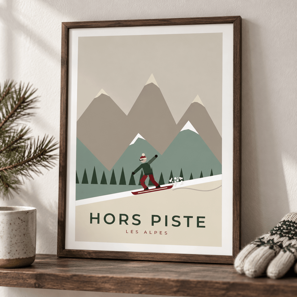 Close view of the alpine snowboarding print with festive styling