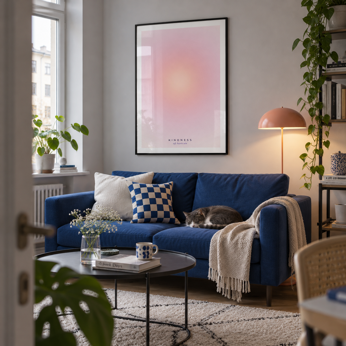 Soft peach and pink halo print in an apartment lounge against a cobalt wall