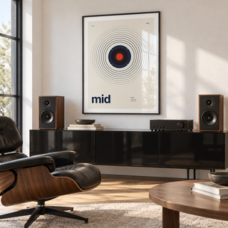 Navy speaker driver on cream print in a mid century living room