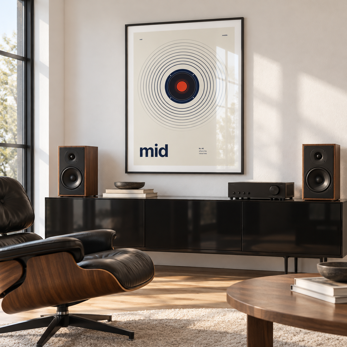 Navy speaker driver on cream print in a mid century living room