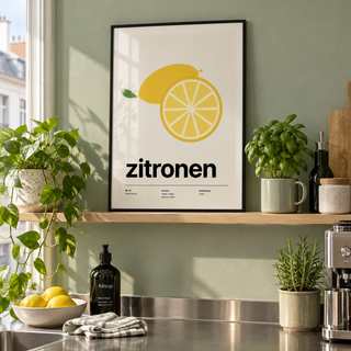 Yellow citrus slice print on a shelf in a kitchen against a sage wall