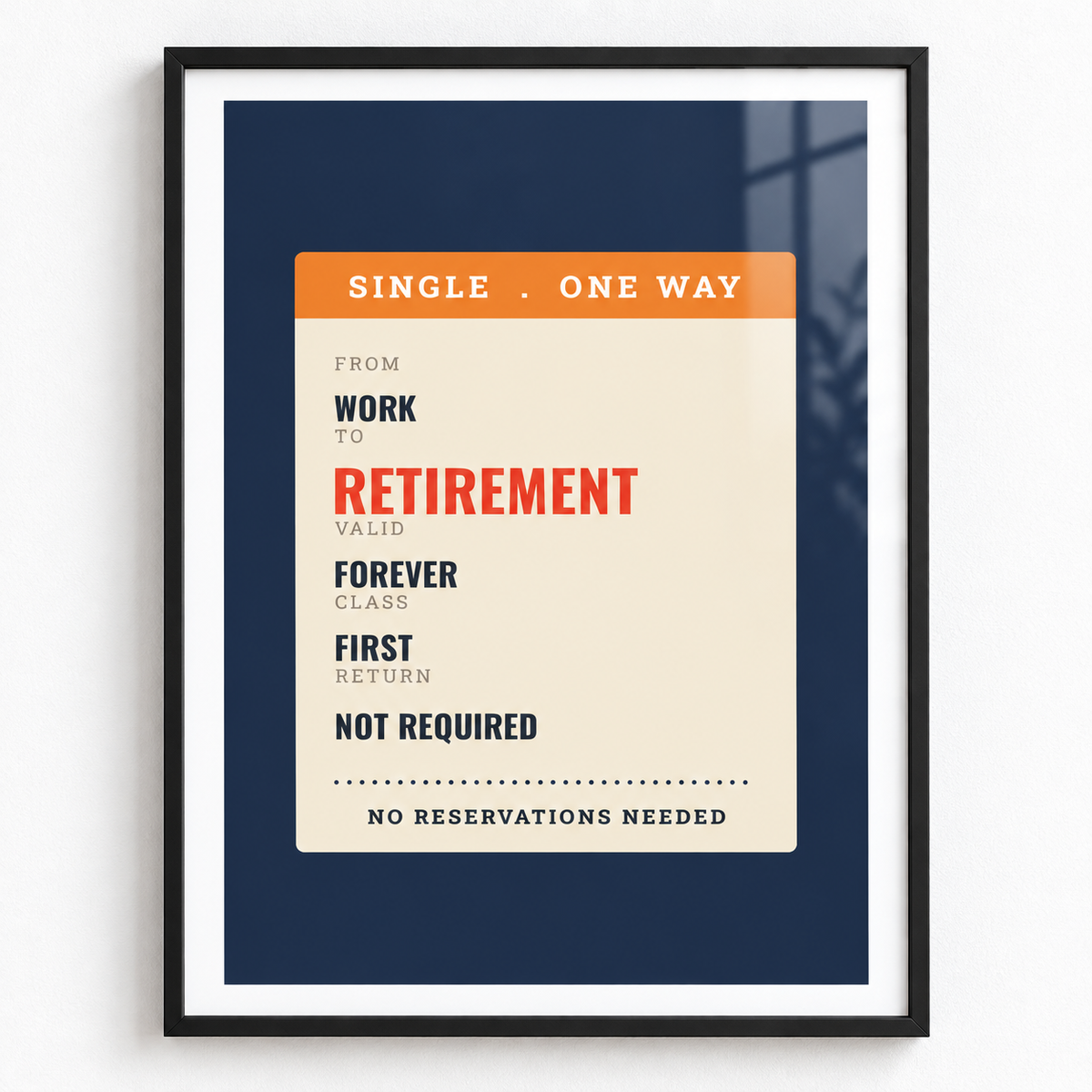 Close view of the single ticket from work to retirement print showing the fine print detail
