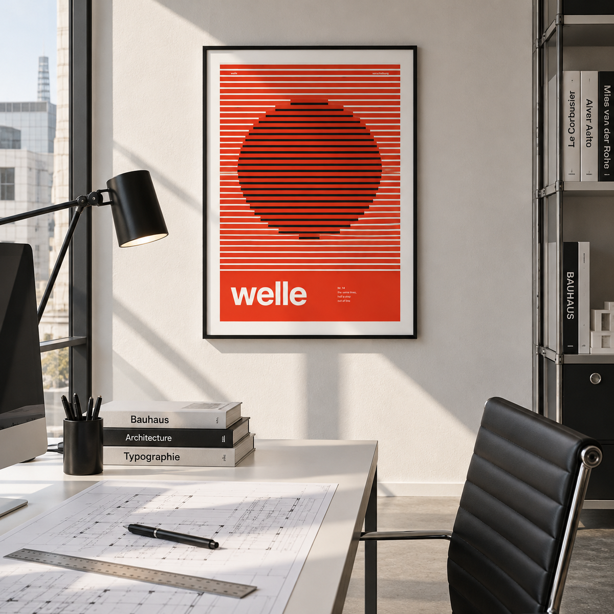 Op art circle in red stripes print in a bright home office