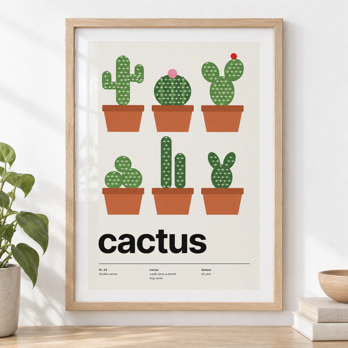 Close view of the six cacti in terracotta pots showing the fine print detail