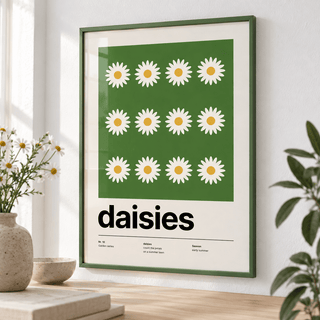 Close view of the twelve white daisies on a green lawn showing the fine print detail