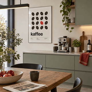 Swiss style coffee bean print in an open plan kitchen against a sage wall