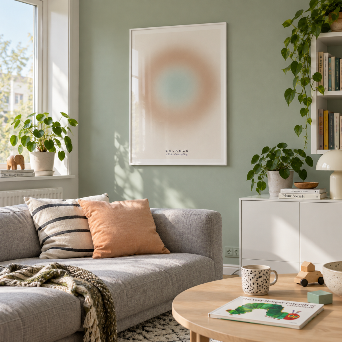 Neutral beige halo gradient print in a family lounge against a sage wall