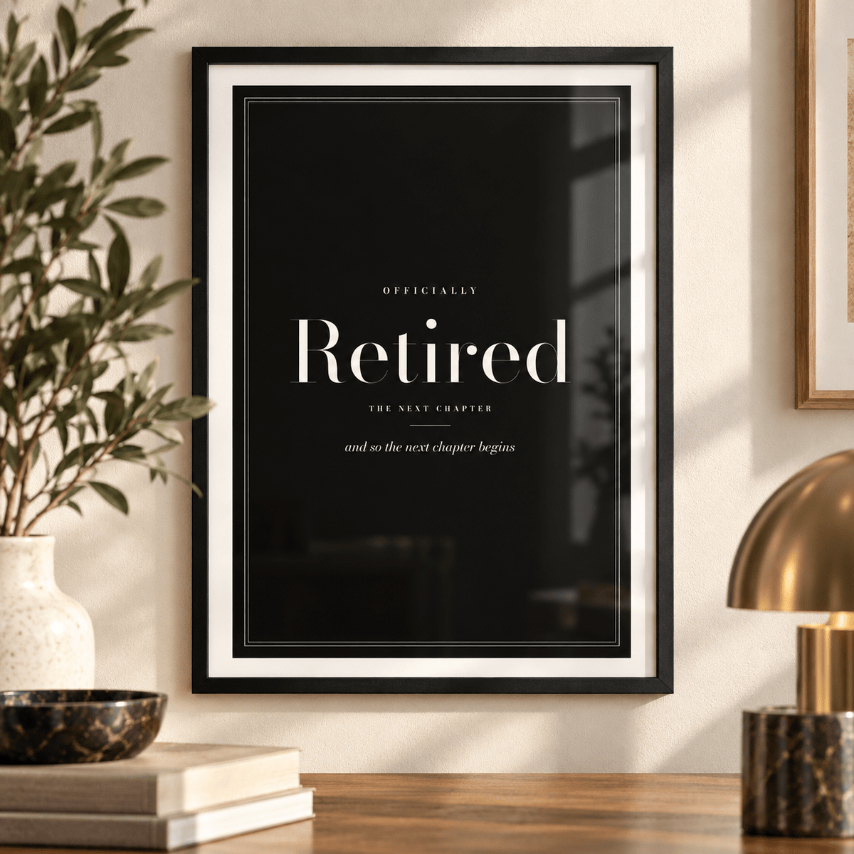Close view of the black and cream retirement print showing the fine print detail