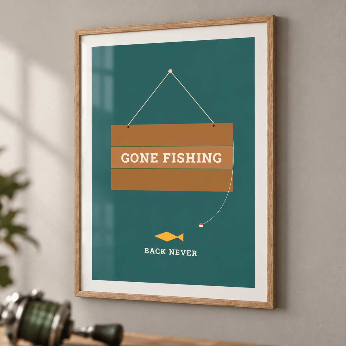 Close view of the wooden gone fishing sign on teal print showing the fine print detail
