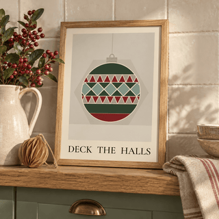 Close view of the Scandi quilt bauble print styled on a kitchen shelf
