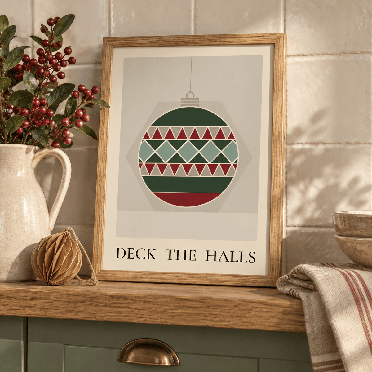 Close view of the Scandi quilt bauble print styled on a kitchen shelf