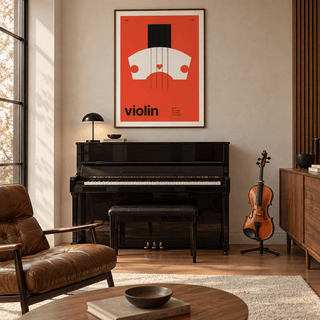 Cream violin bridge on red print in a mid century living room