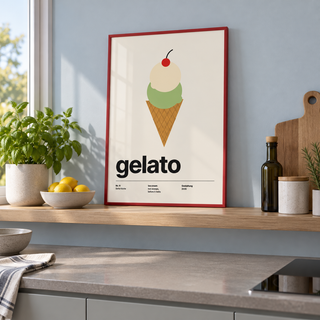 Pistachio and vanilla ice cream cone print on a shelf in a kitchen