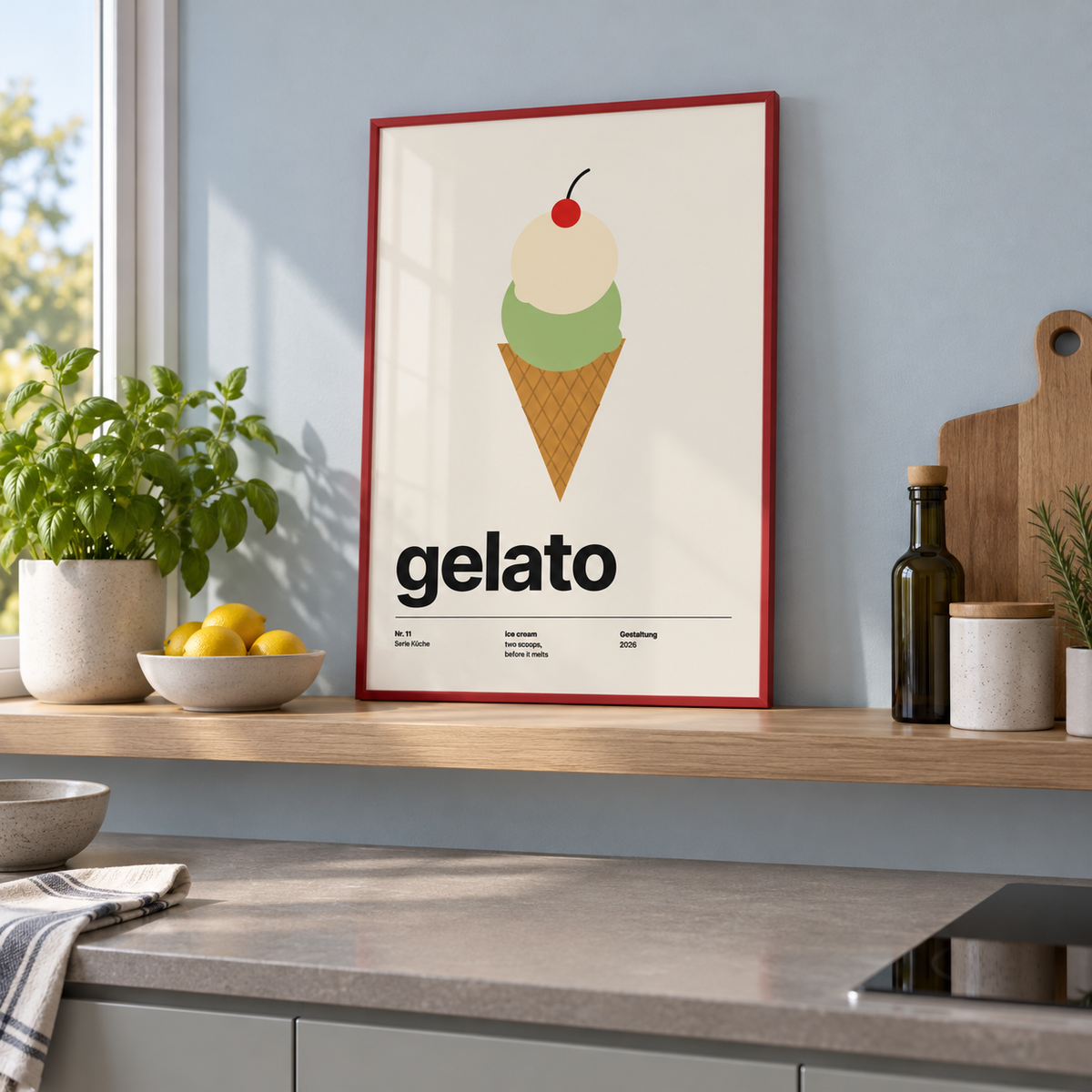Pistachio and vanilla ice cream cone print on a shelf in a kitchen