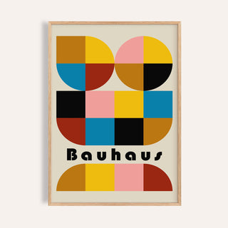 Framed Colorful Geometric Wall Art with bauhaus text in bold black and muted background