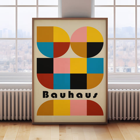 Retro Bauhaus geometric art print with bold colours for modern home decor