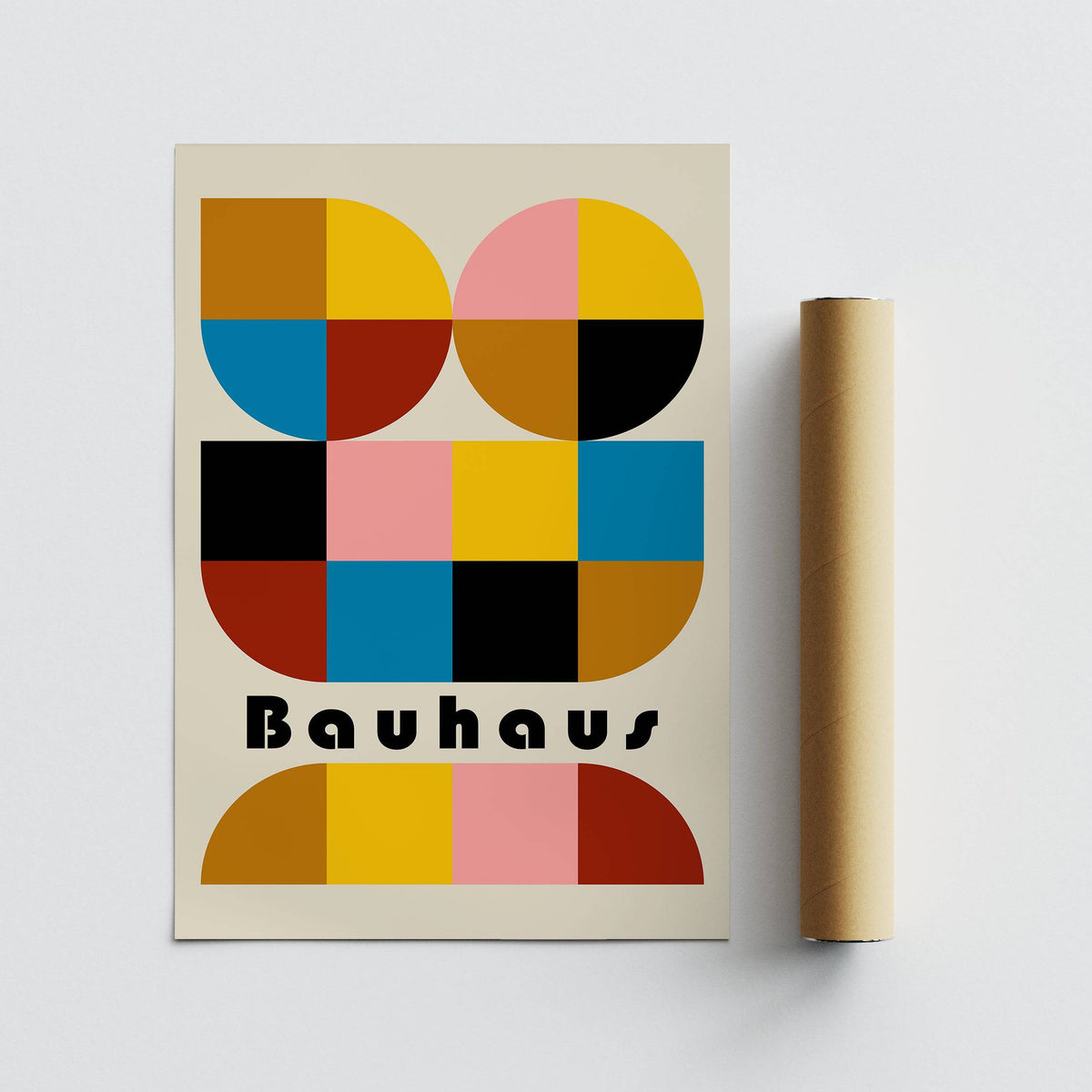 Bright and playful colorful geometric wall art styled above a retro sofa
