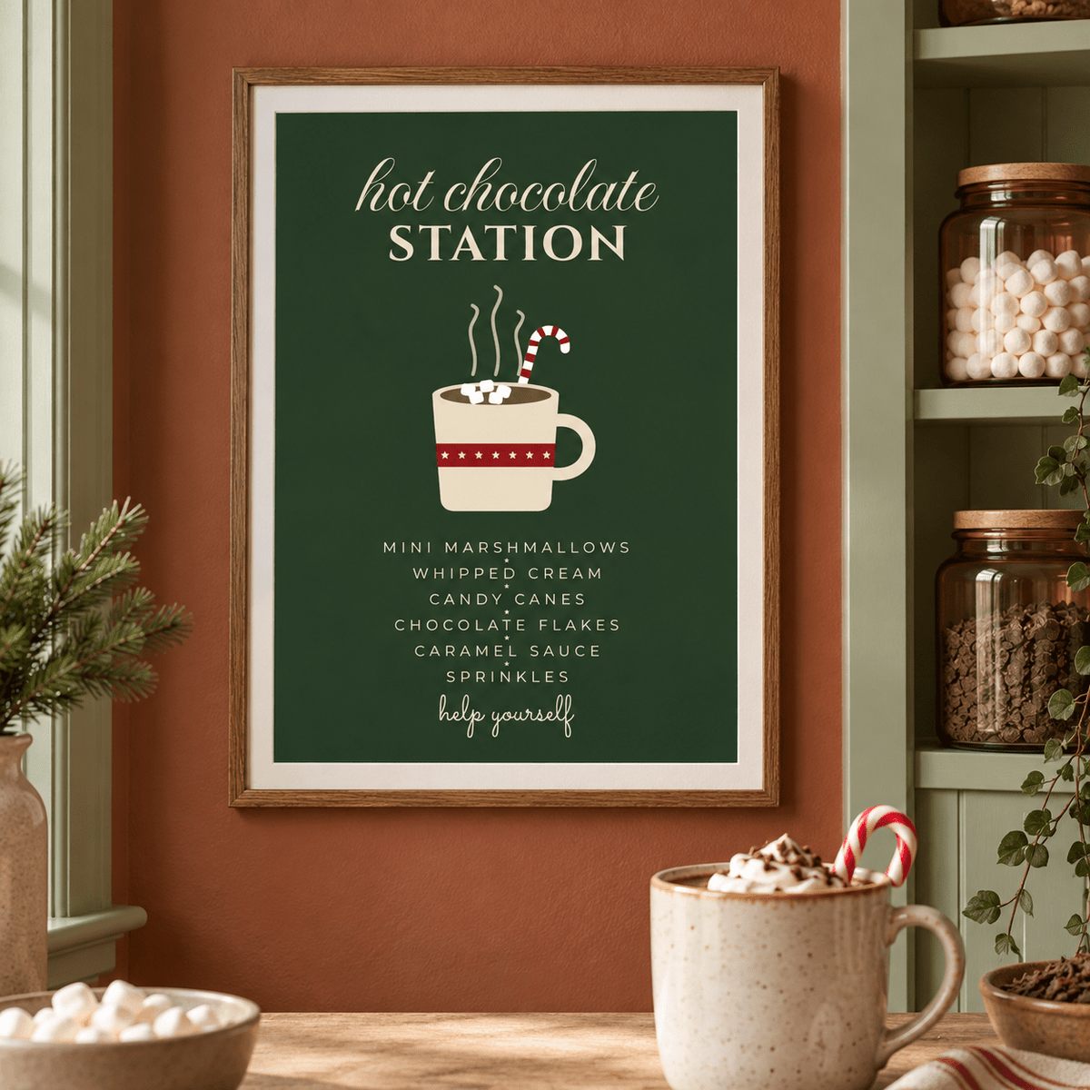 Close view of the festive hot chocolate sign print styled on a pantry