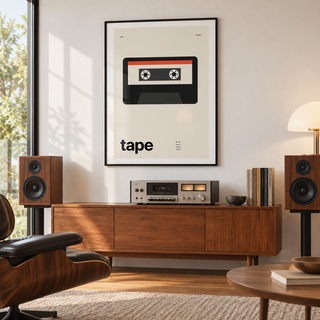 Black cassette with red label print in a mid century living room