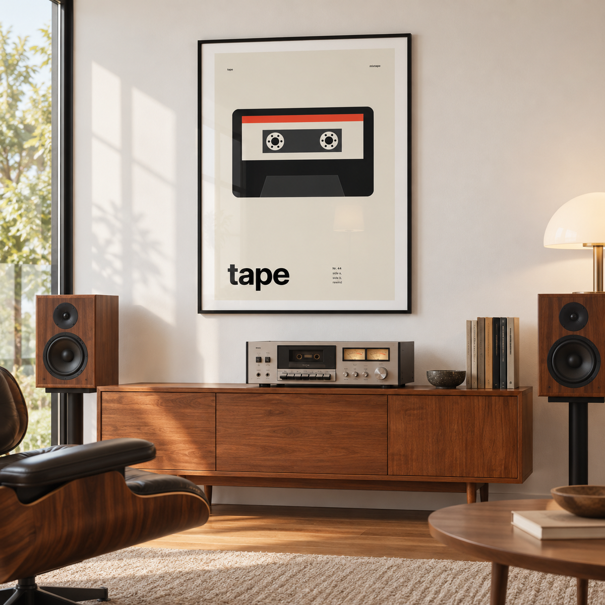 Black cassette with red label print in a mid century living room