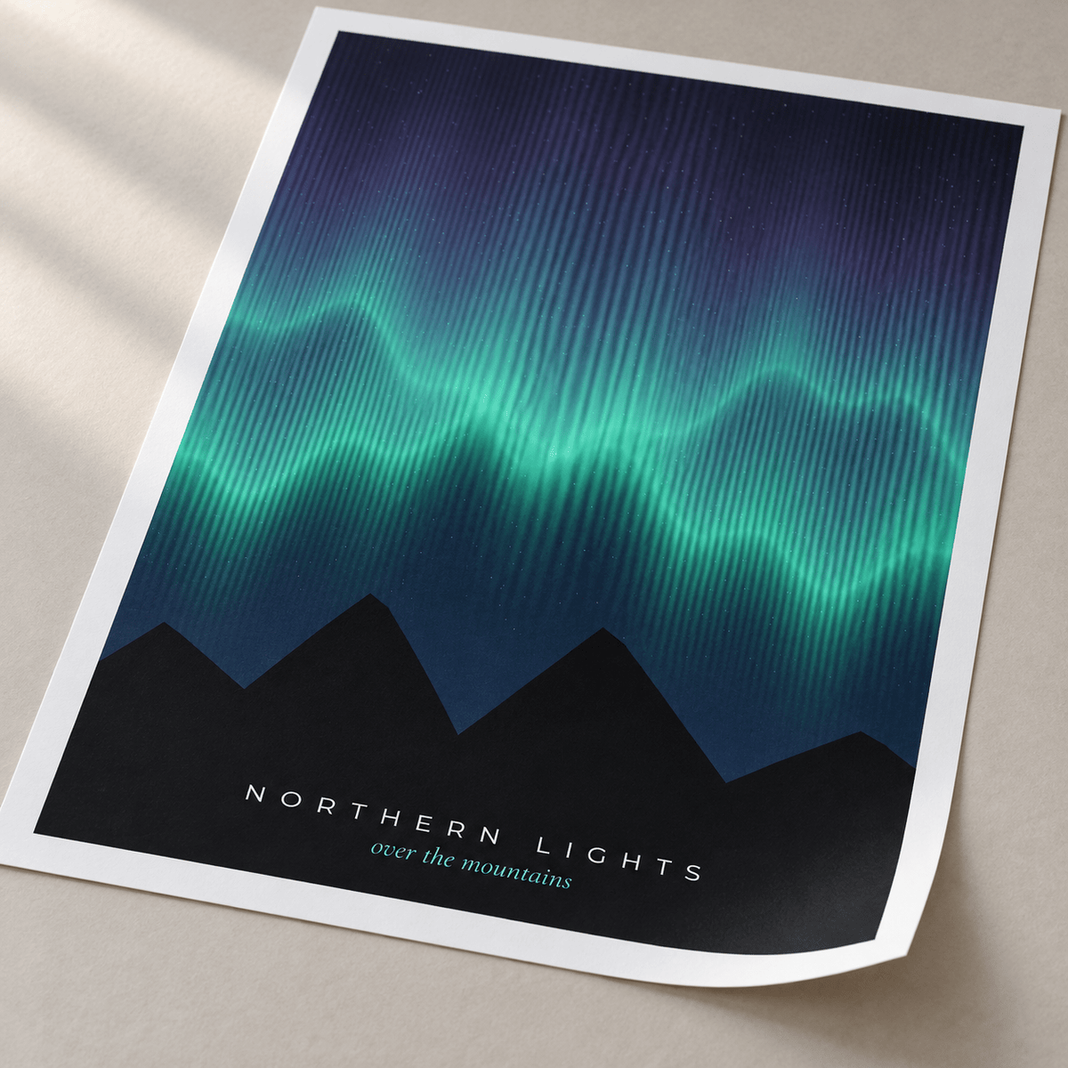 Close view of the northern lights mountain silhouette print on smooth matte paper