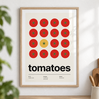 Close view of the grid of red tomatoes from above showing the fine print detail