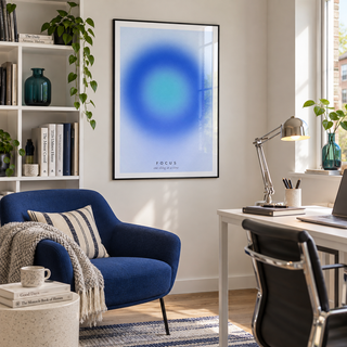 Blue halo gradient print with small caps in a reading room