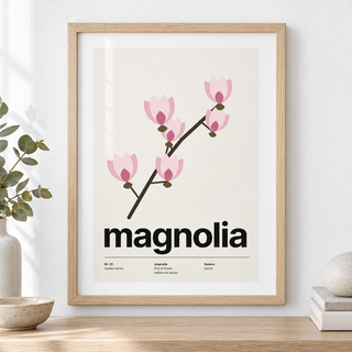 Close view of the bare branch with pink magnolia blooms showing the fine print detail